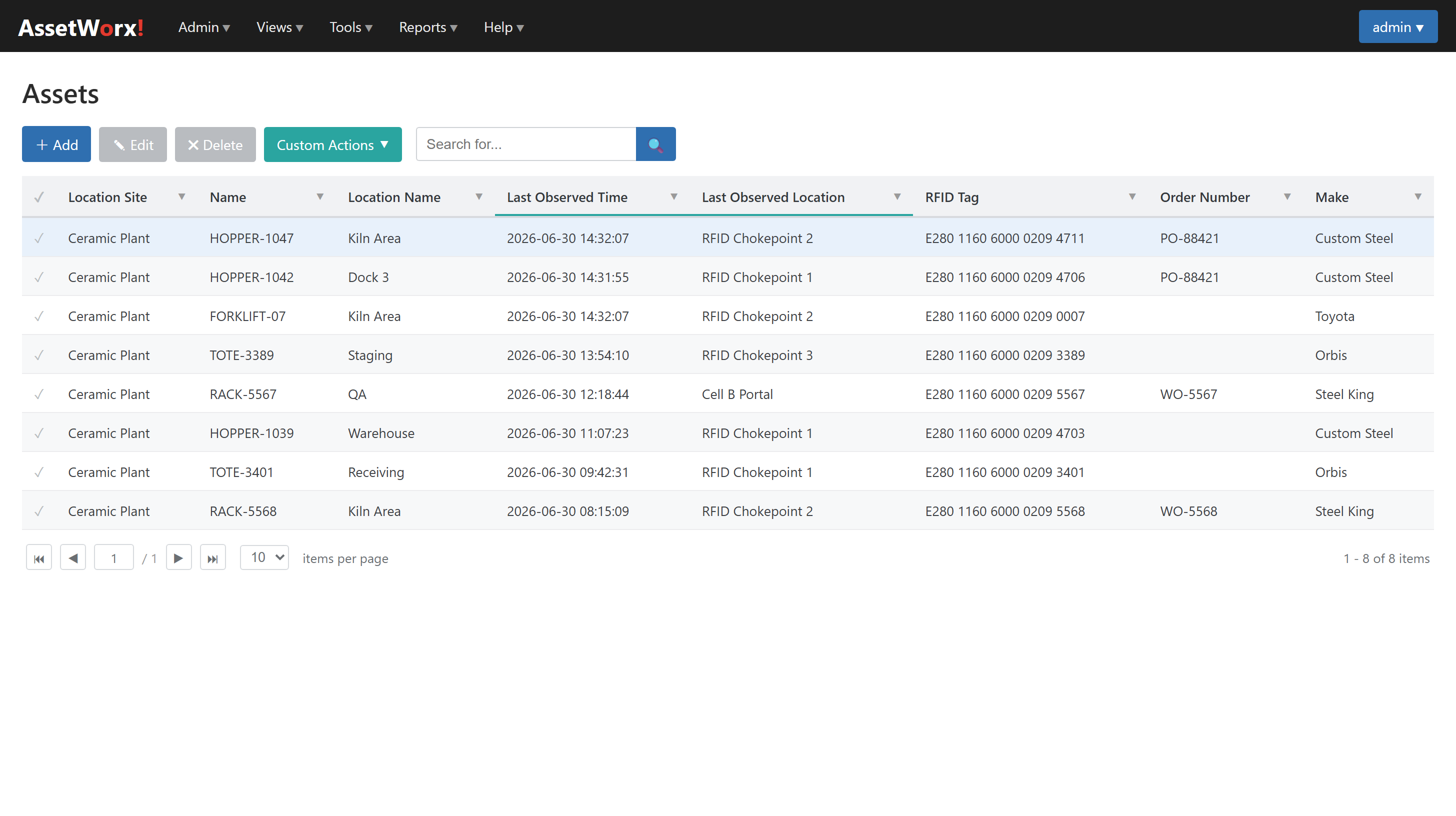 AssetWorx! Assets grid showing tracked equipment, last-observed location, and RFID tag data