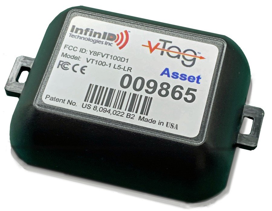 V-Tag active RFID tag with a find-LED lit on the floor