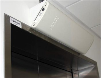 Fixed RFID reader mounted above a doorway checkpoint