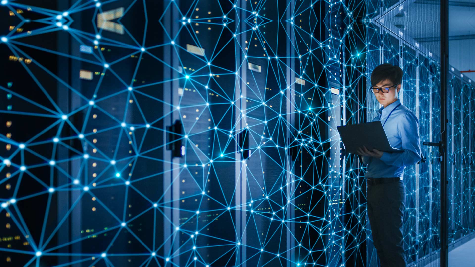 Data center aisle with a connected network of racks