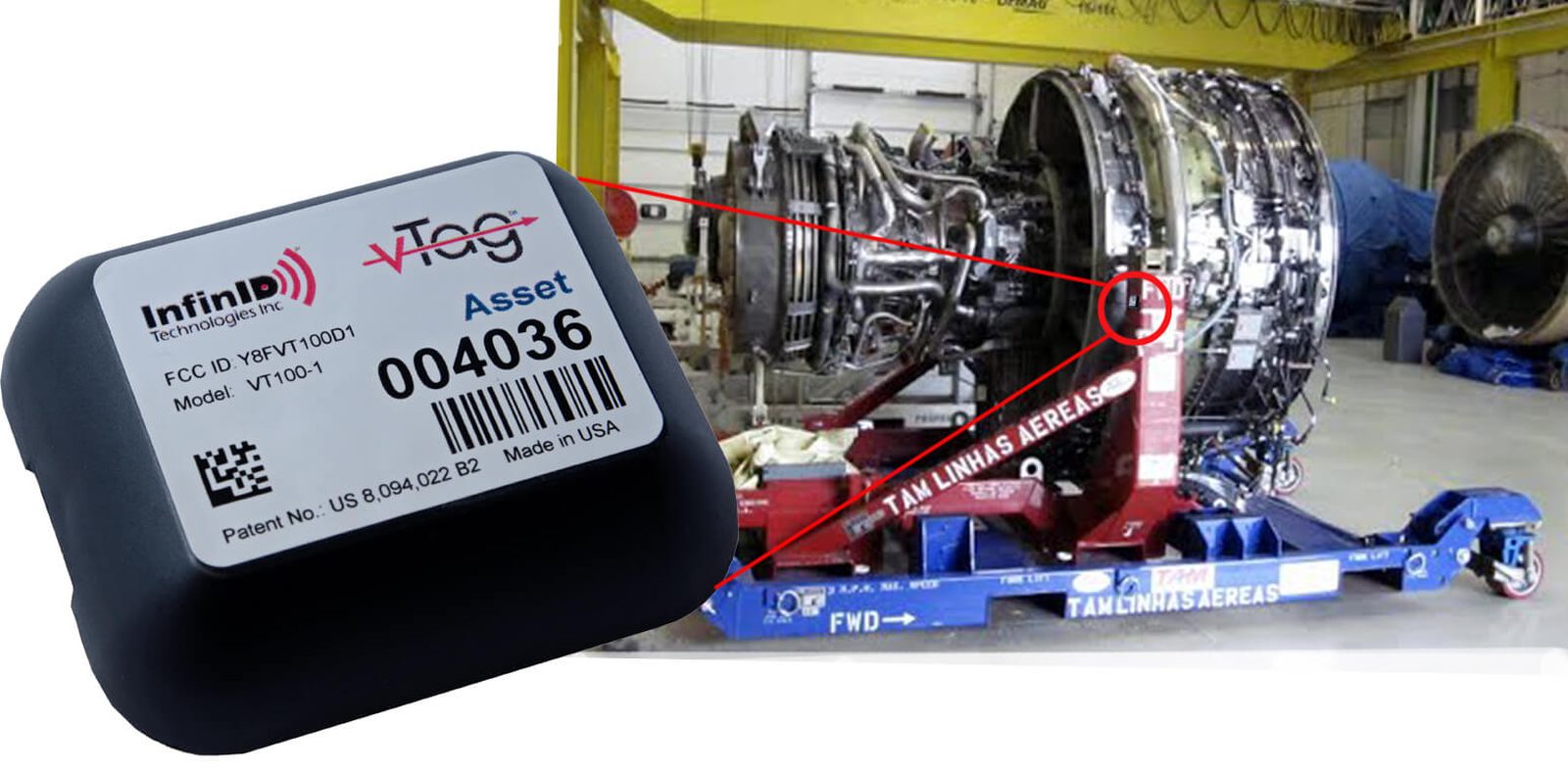 RFID asset tag mounted on a jet engine in an MRO facility